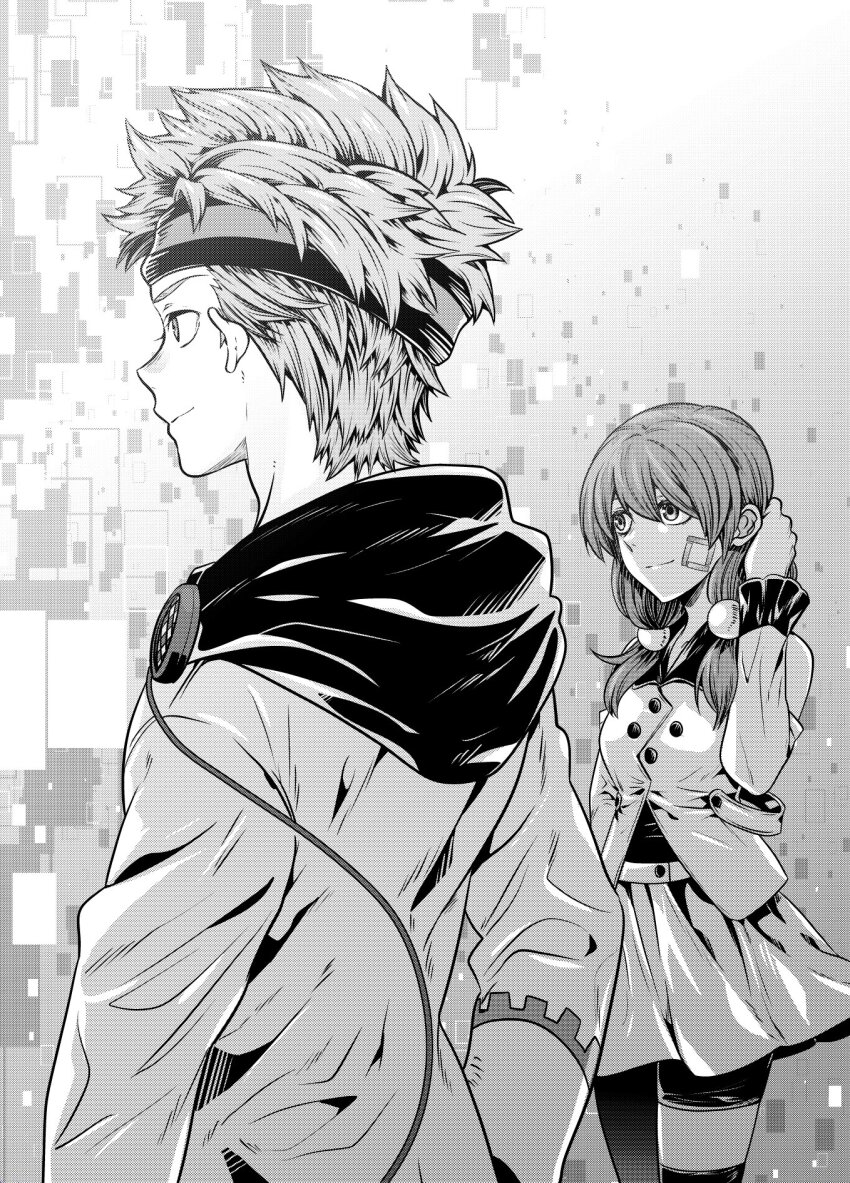 1boy, 1girl, aizaki_momo, anonymous;code, breasts, closed_mouth, coat, facial_mark, greyscale, hair_bobbles, hair_ornament, hand_in_own_hair, headband, highres, hood, hood_down, ikuhashi_muiko, light_smile, long_hair, looking_to_the_side, low_twintails, medium_breasts, monochrome, science_adventure, short_hair, shorts, shorts_under_skirt, skirt, takaoka_pollon, twintails, upper_body