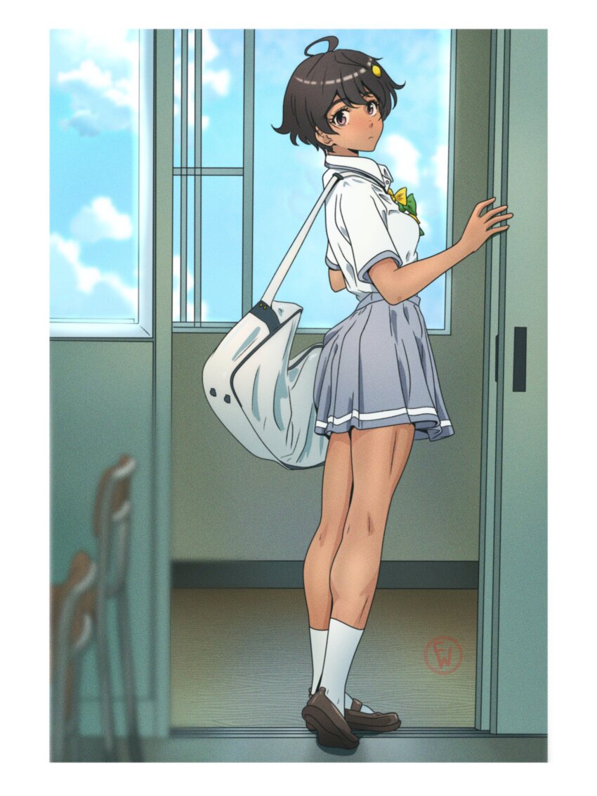 1girl, absurdres, ahoge, artist_logo, bag, black_hair, blurry, blurry_foreground