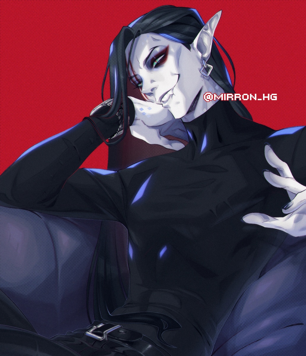 1boy, belt, black_belt, black_eyeliner, black_hair, black_shirt, blue_eyes, eyeliner