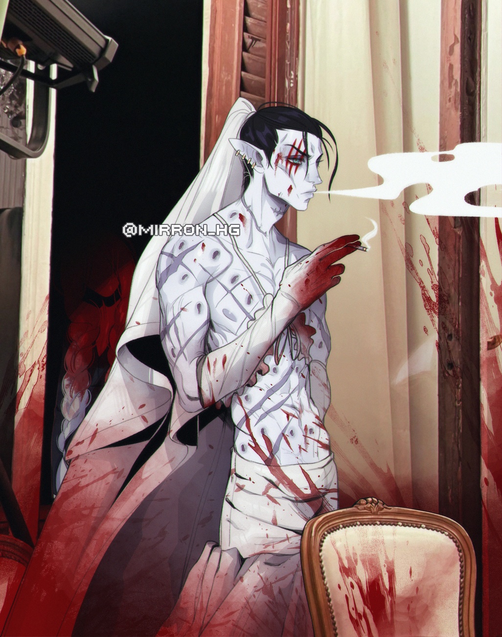 1boy, 1girl, black_hair, blood, blood_on_clothes, blood_on_face, blood_on_hands, blue_eyes