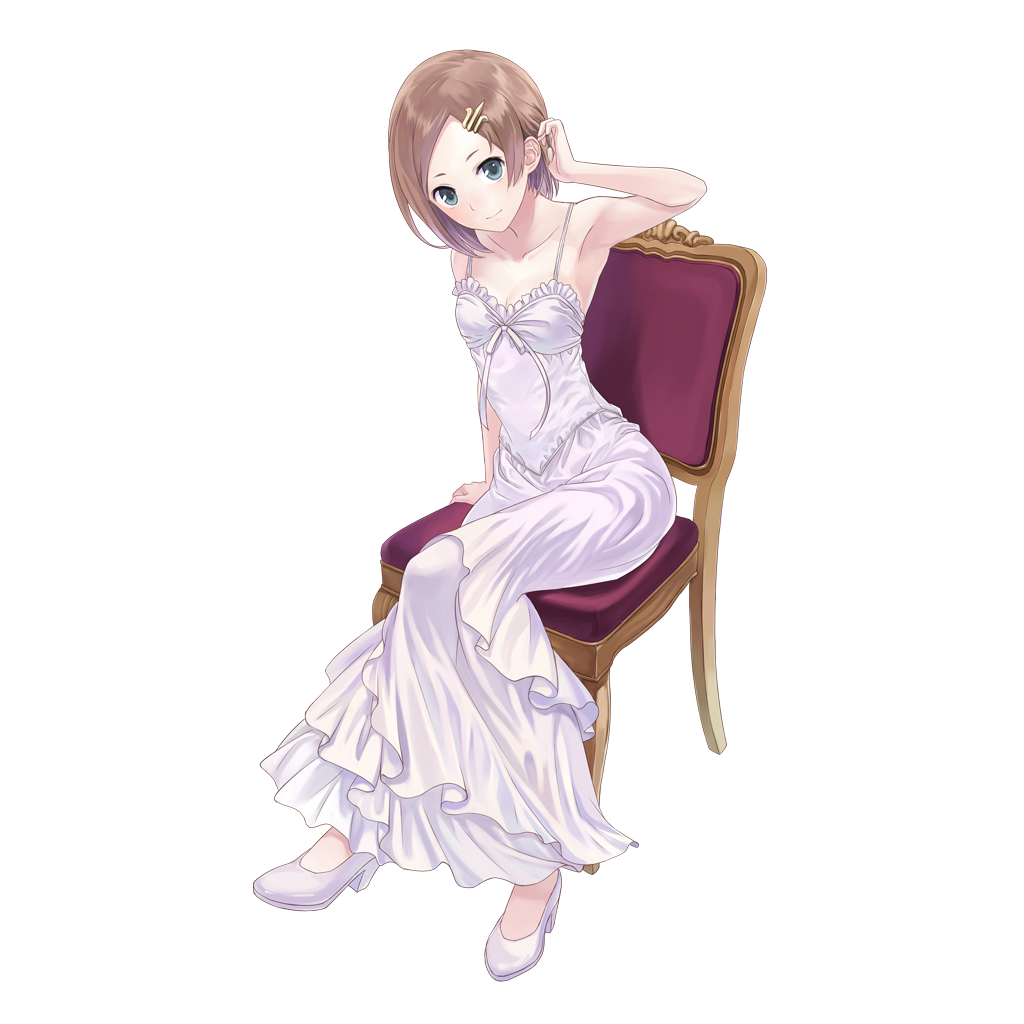 1girl, atelier_(series), atelier_questboard, atelier_rorona, blue_eyes, brown_hair, chair, commentary_request, dress, esty_erhard, full_body, hair_ornament, hairclip, high_heels, kishida_mel, looking_at_viewer, official_art, short_hair, simple_background, sitting, smile, solo, very_short_hair, white_background