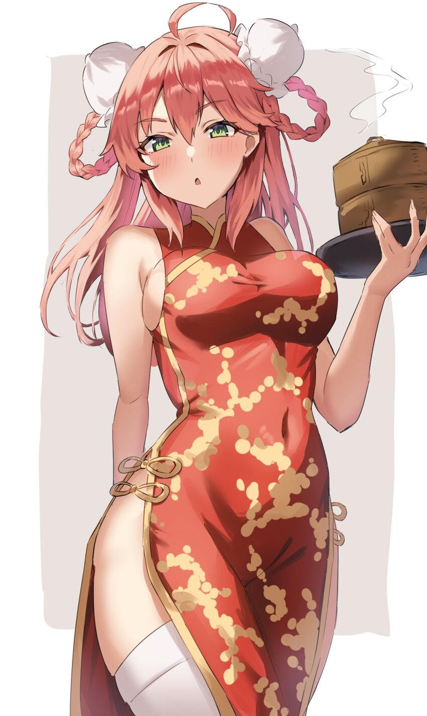 1girl, ahoge, alternate_costume, bamboo_steamer, blush, braid, breasts, china_dress