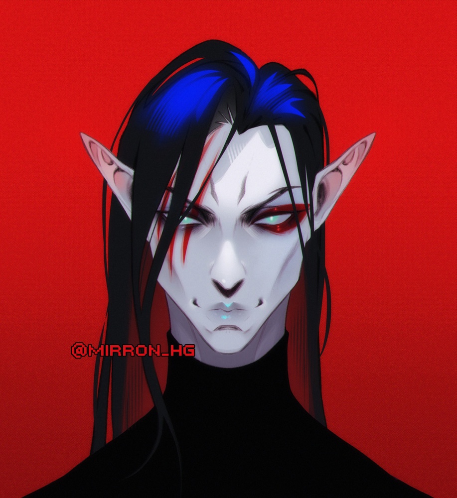 1boy, black_hair, black_shirt, blue_eyes, colored_inner_hair, dark_eldar, eyeliner, facial_tattoo