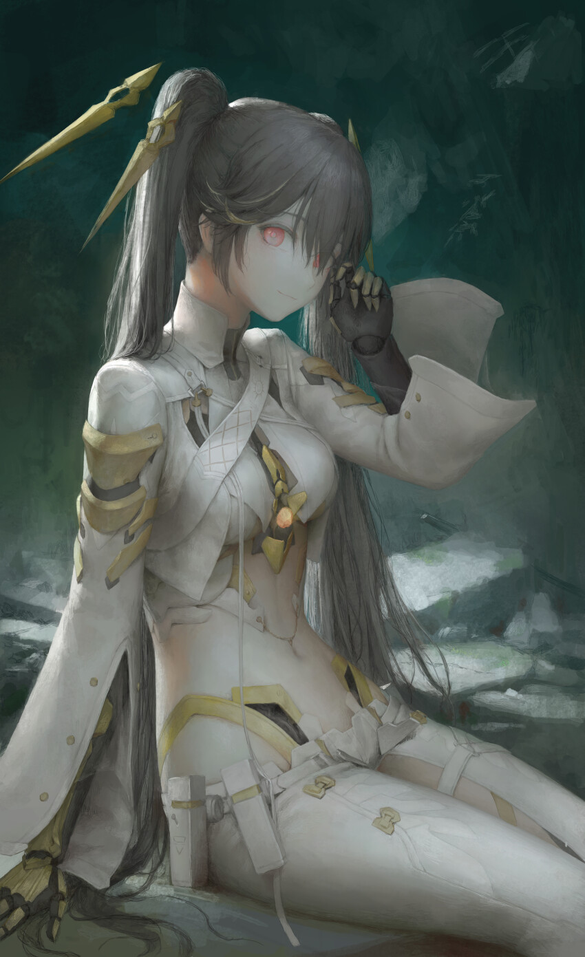 1girl, absurdres, black_hair, clothing_cutout, dina_5347, floating_headgear, highleg, highleg_panties, highres, impasto, jewelry, joints, leggings, long_hair, long_sleeves, lucia:_pyroath_(pgr), lucia_(pgr), mechanical_arms, mechanical_hands, midriff, navel, panties, punishing:_gray_raven, red_eyes, robot_joints, shirt, solo, thigh_cutout, twintails, underwear, white_leggings, white_shirt