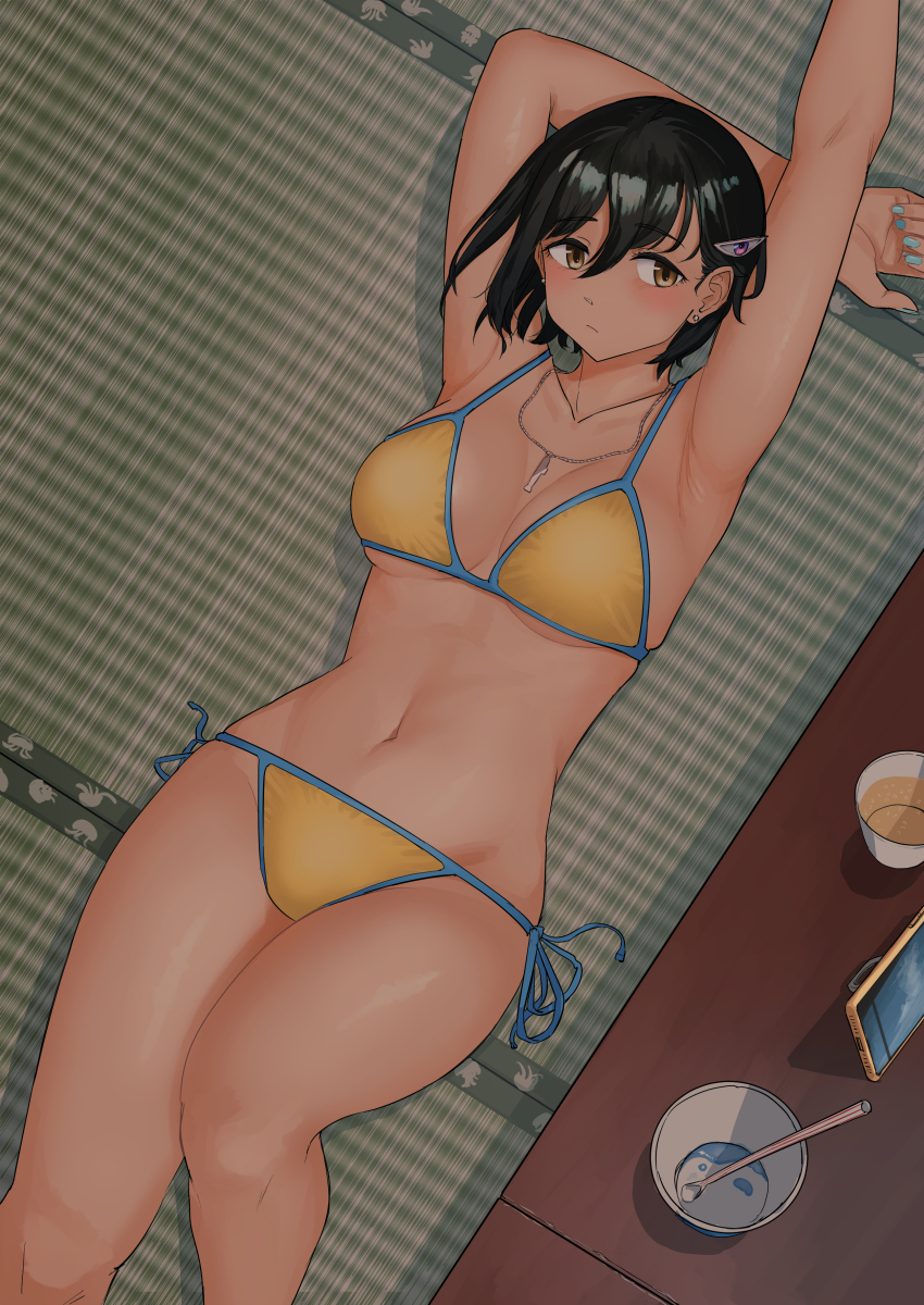 1girl, absurdres, arm_behind_head, armpits, bikini, black_hair, brown_eyes, closed_mouth