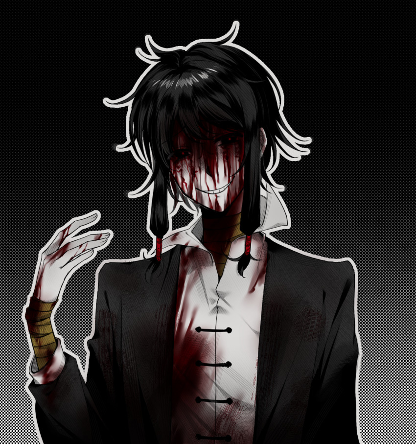 1boy, bandaged_arm, bandaged_neck, bandages, black_eyes, black_hair, black_jacket, blood