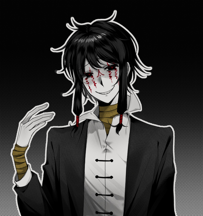 1boy, bandaged_arm, bandaged_neck, bandages, black_eyes, black_hair, black_jacket, chinese_commentary, collared_shirt, colored_skin, commentary_request, dong_tao_xi_de_taluo_pai, facepaint, grin, hand_up, highres, jacket, long_sleeves, male_focus, open_clothes, open_jacket, outline, red_pupils, shirt, short_hair_with_long_locks, smile, solo, touqi_guaitan, upper_body, white_outline, white_shirt, white_skin, ziche_fuzhao