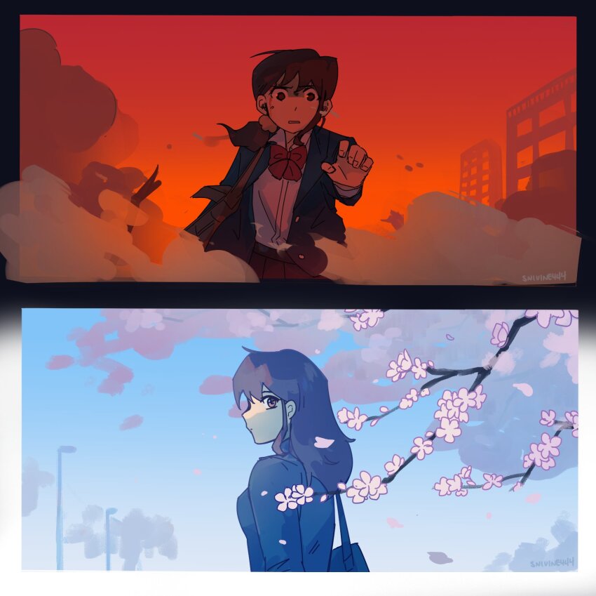 1girl, bag, black_hair, black_skirt, blue_jacket, blue_sky, bow, bowtie