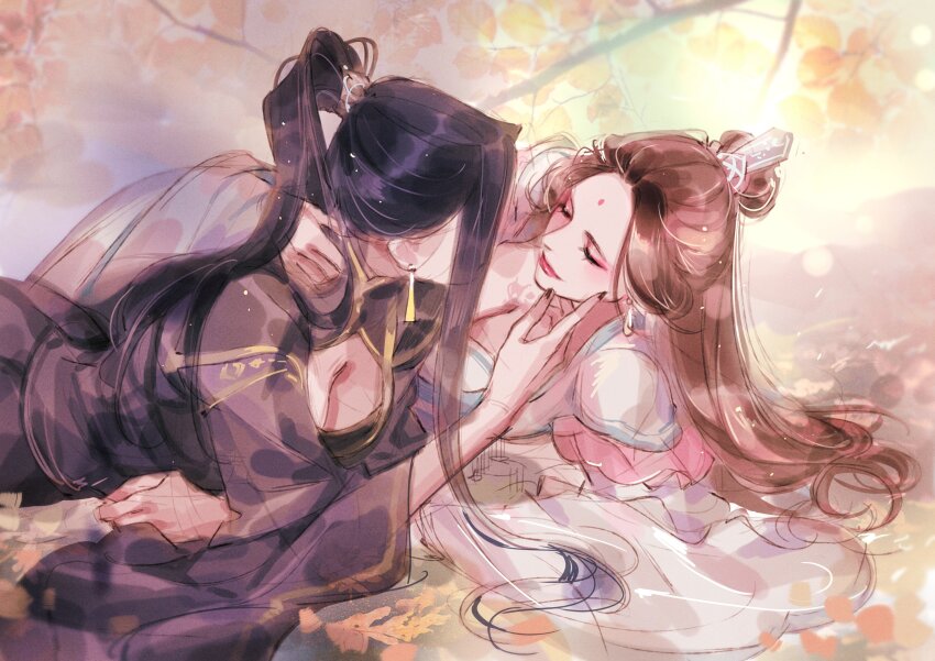 2girls, absurdres, anssel3, black_dress, black_hair, black_nails, breasts, brown_hair