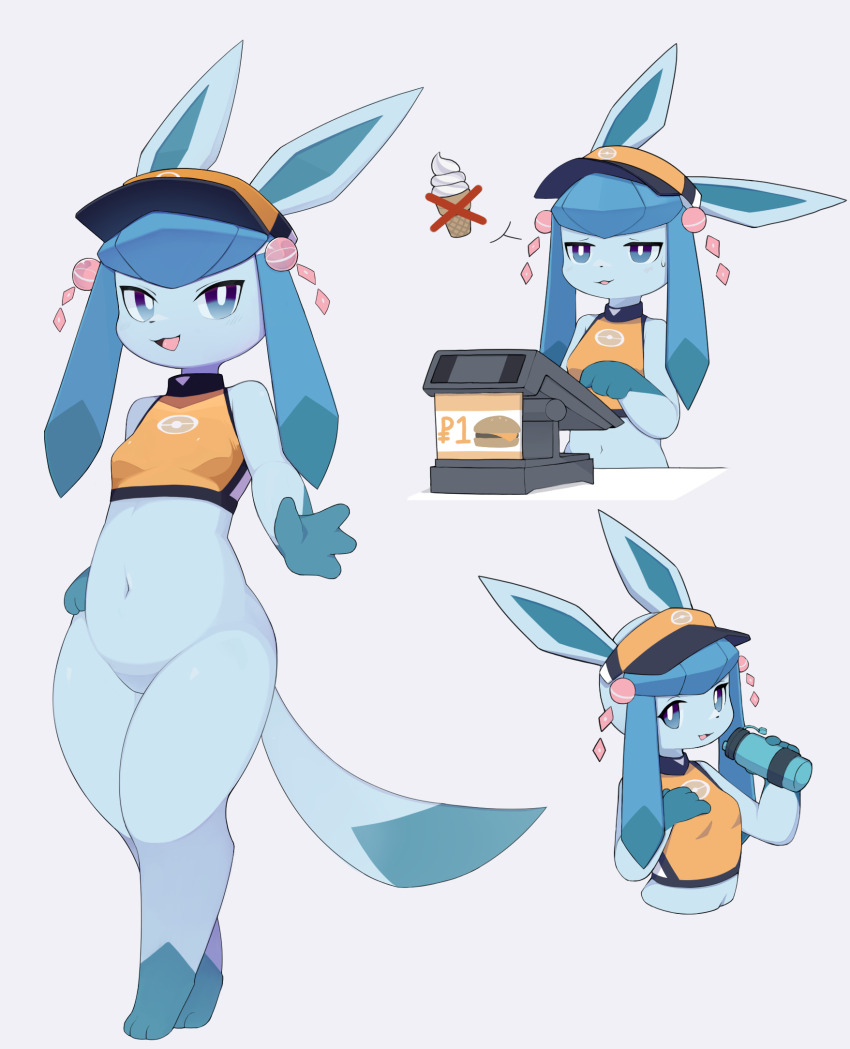 1girl, :3, animal_ears, animal_feet, animal_hands, bat_wings, blue_fur, blue_hair, bottle, bottomless, breasts, burger, cash_register, crop_top, dot_nose, employee_uniform, fast_food_uniform, fewer_digits, food, full_body, furry, furry_female, gen_4_pokemon, glaceon, glaceon_(orange_unite), hair_ornament, highres, ice_cream_cone, iced_latte_with_breast_milk_(meme), liteee, looking_at_viewer, meme, multiple_views, navel, nintendo, no_pussy, open_mouth, orange_shirt, pear-shaped_figure, poke_ball, pokemon, pokemon_(creature), pokemon_unite, pussy, shirt, simple_background, sleeveless, sleeveless_shirt, small_breasts, smile, speech_bubble, spoken_food, sweatdrop, tail, upper_body, visor_cap, water_bottle, white_background, wide_hips, wings