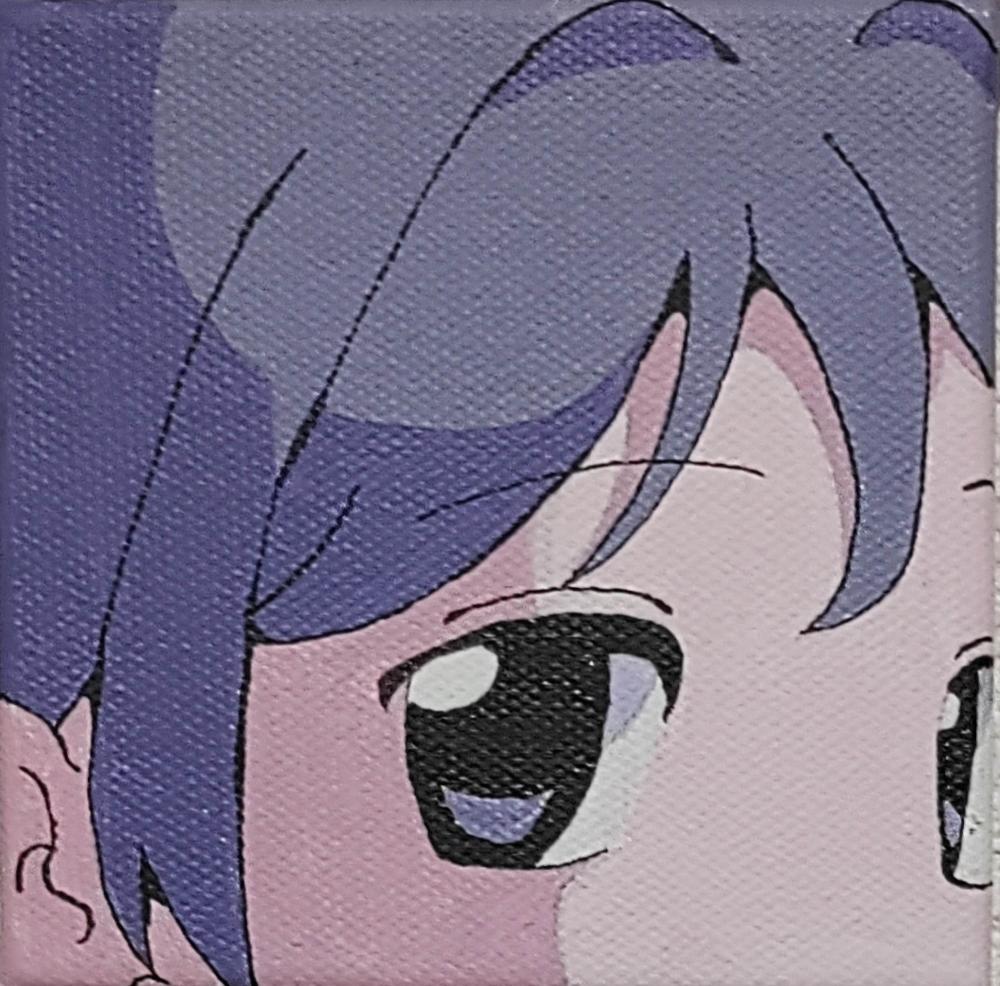 1girl, acrylic_gouache_(medium), acrylic_paint_(medium), blue_hair, painting_(medium), close-up, commentary_request, hair_intakes