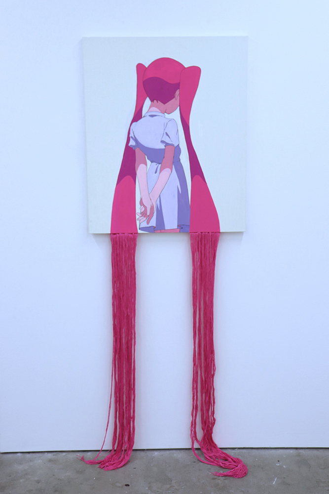 1girl, acrylic_paint_(medium), arms_behind_back, commentary_request, dress, facing_away, from_behind, long_hair