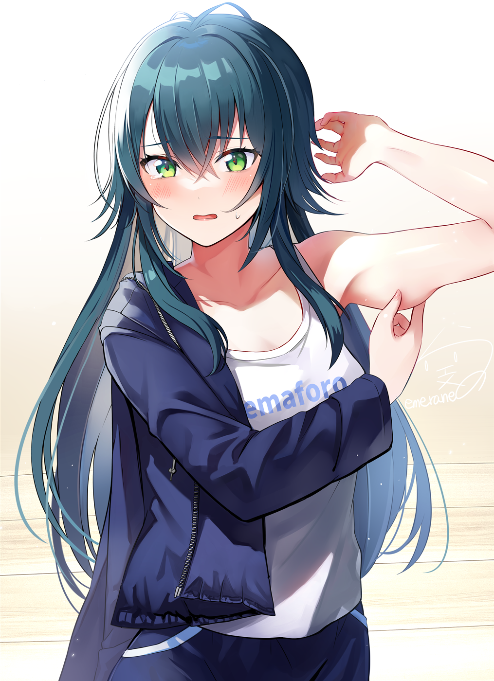 1girl, antenna_hair, arm_pinching, blue_jacket, blue_pants, blurry, blush, breasts