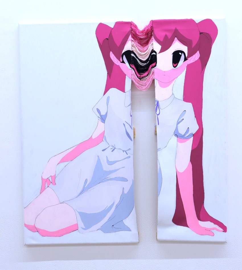 1girl, acrylic_paint_(medium), arm_support, painting_(medium), closed_mouth, commentary_request, distortion, dress