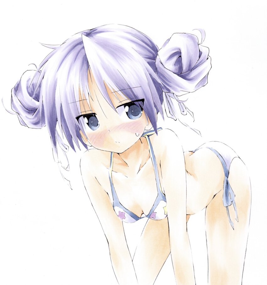 1girl, bent_over, bikini, blue_eyes, blush, breasts, butt_crack, double_bun