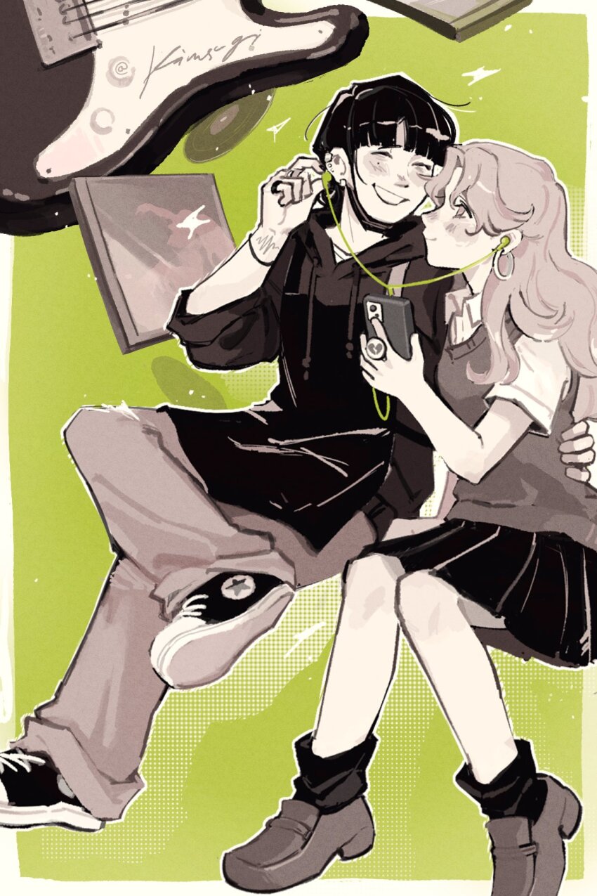 2girls, apron, arm_around_another's_waist, blunt_bangs, blush, bracelet, cd_case, cellphone