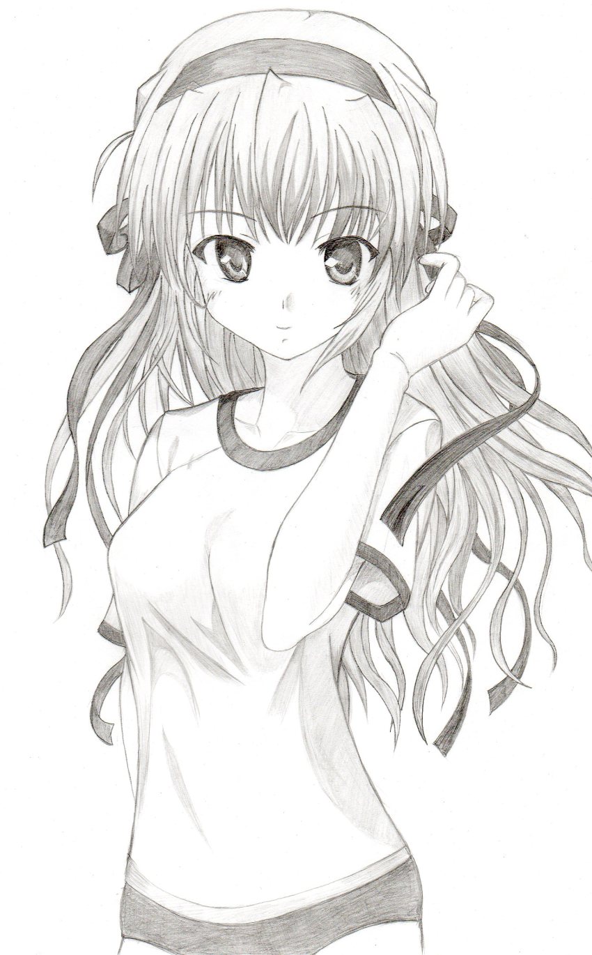 1girl, absurdres, adjusting_hair, estel_freesia, female_focus, graphite_(medium), greyscale, gym_uniform