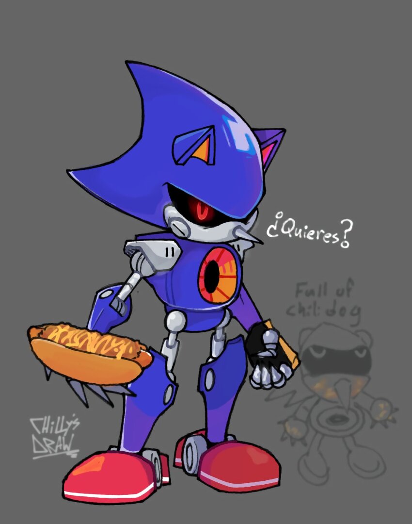 artist_logo, black_sclera, bootleg_metal_sonic_plush, chili_dog, colored_sclera, draw_chill's, food, full_body, full_of_x_(meme), grey_background, highres, holding, holding_food, hot_dog, logo, mechanical_arms, mechanical_legs, meme, metal_sonic, quieres?_(meme), red_eyes, simple_background, sonic_(series), standing