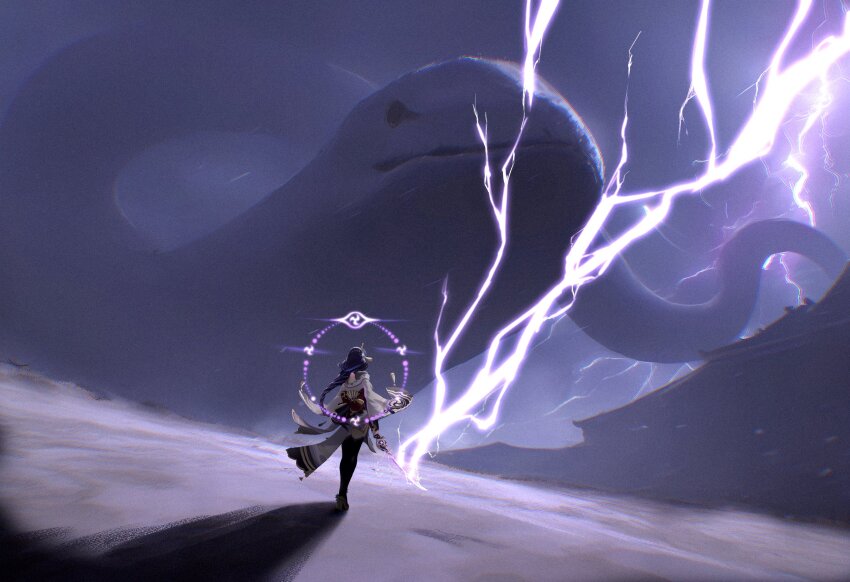 1girl, braid, commentary_request, genshin_impact, highres, holding, holding_sword, holding_weapon, japanese_clothes, kimono, lightning, long_hair, low-braided_long_hair, low-tied_long_hair, musou_isshin_(genshin_impact), orobashi_(genshin_impact), purple_hair, purple_kimono, raiden_shogun, sword, very_long_hair, weapon, wide_shot, yumeto_(ym-1)