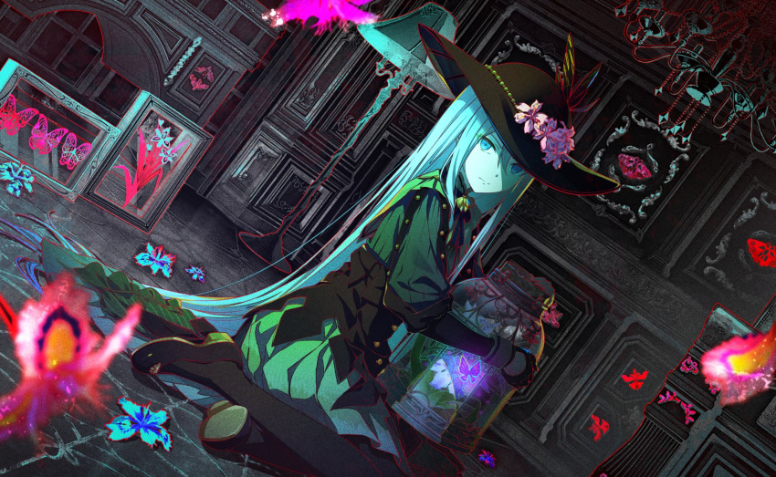 1girl, black_corset, black_footwear, black_gloves, black_hat, black_thighhighs, blue_eyes, bug