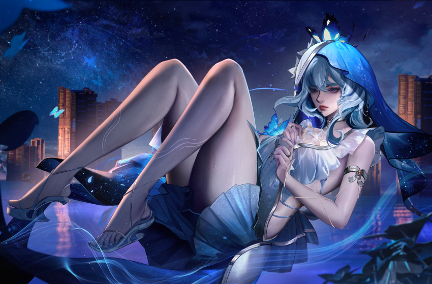 1girl, absurdres, armlet, bare_legs, black_flower, blake_bloom_(wuthering_waves), blue_butterfly, blue_hair