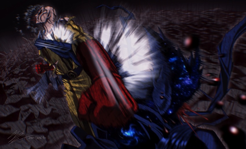 2boys, armor, awakened_garou_(cosmic_fear_mode), bald, battle, belt, black_armor, black_belt