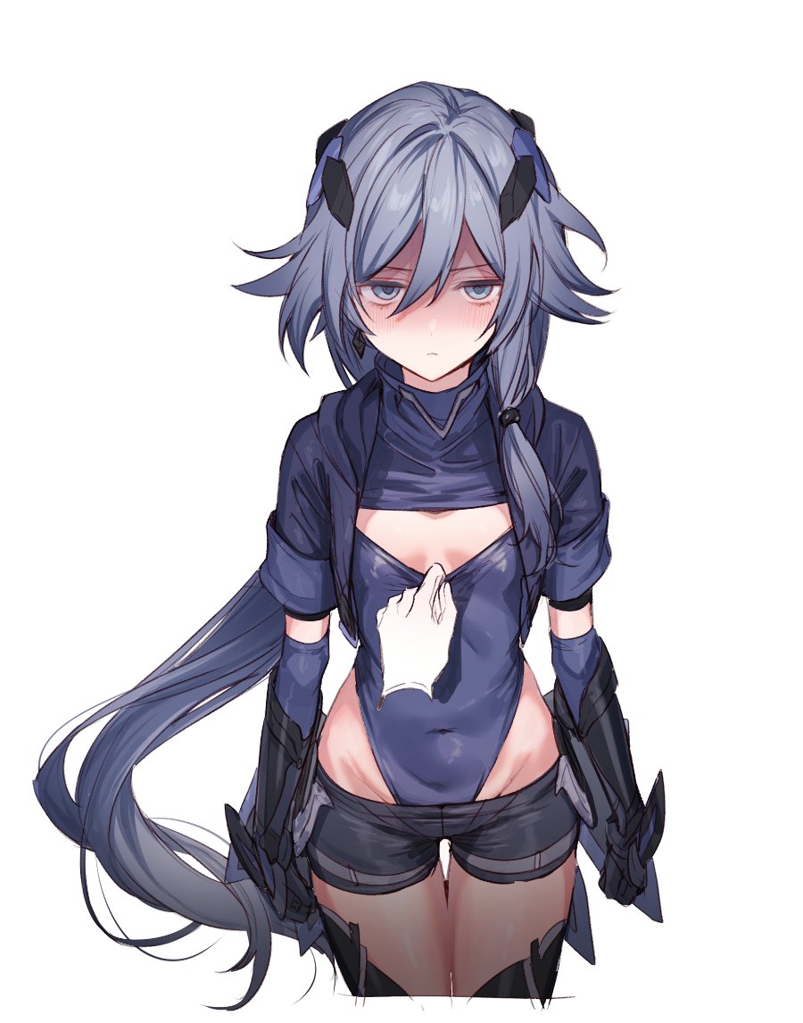 1girl, 1other, black_gloves, blue_hair, blue_leotard, blue_shorts, breasts, cleavage