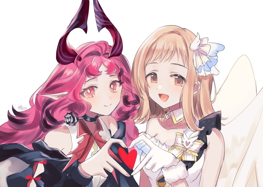 2girls, four-finger_heart_hands, angel_wings, arknights, asymmetrical_clothes, beyond_the_bluesky_(idolmaster), black_choker, breasts