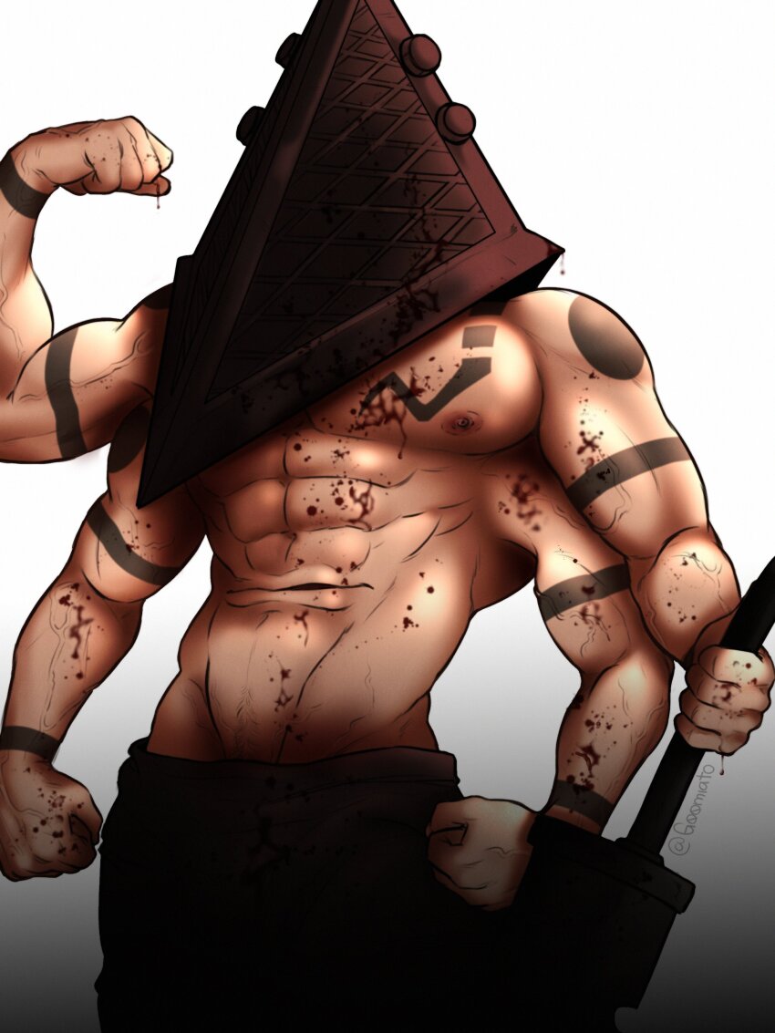 1boy, abs, absurdres, arm_tattoo, bara, blood, blood_on_body, chest_tattoo