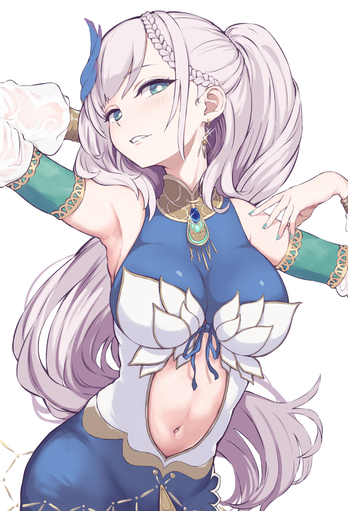 1girl, arm_behind_head, armpits, blue_dress, braid, braided_bangs, breasts, bright_pupils