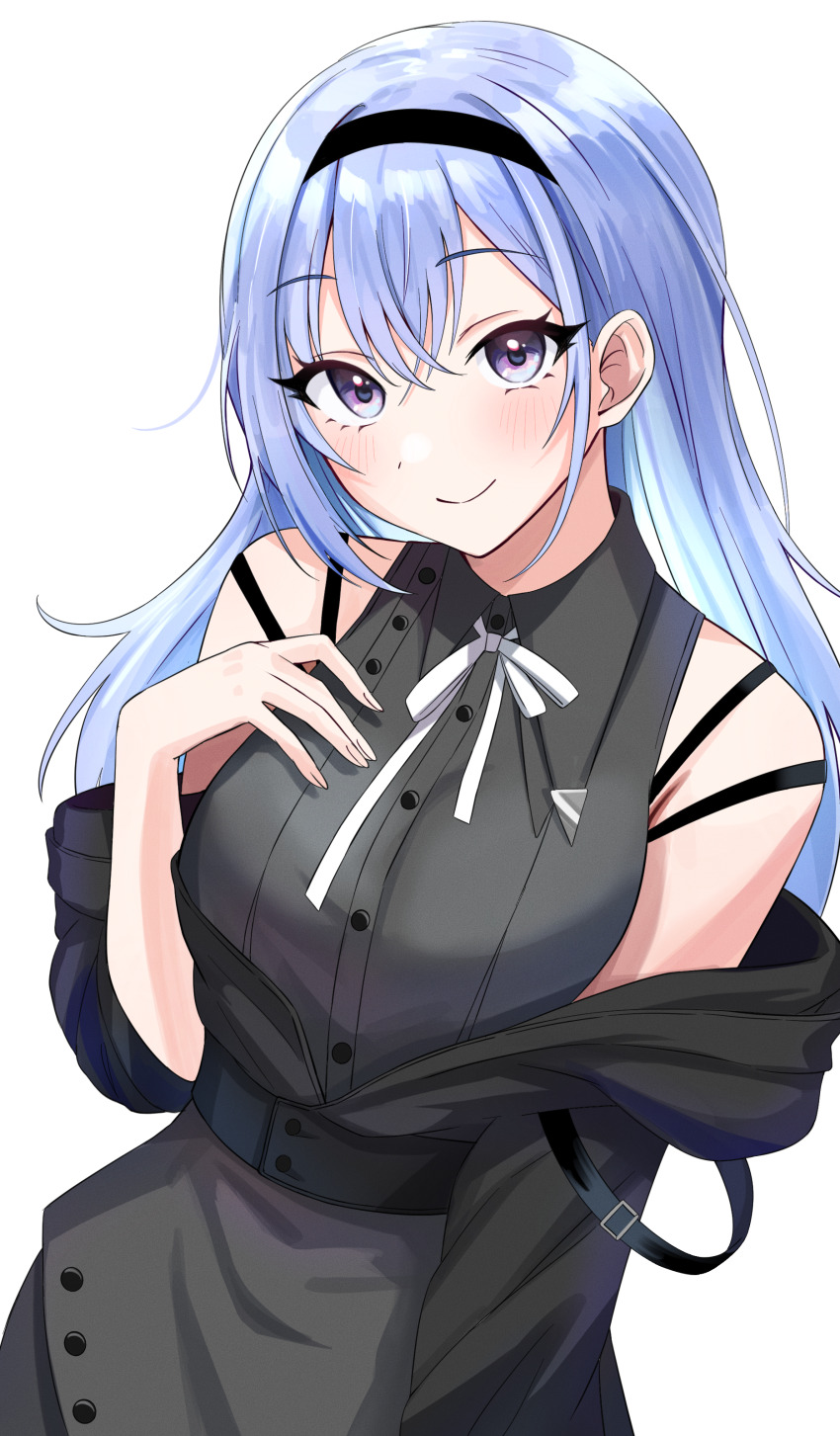 1girl, absurdres, bare_shoulders, belt, black_belt, black_hairband, black_jacket, blue_hair