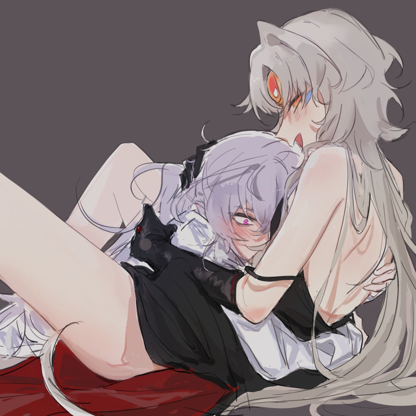 1boy, 1girl, add_(elsword), alternate_costume, android, black_dress, black_gloves, blush