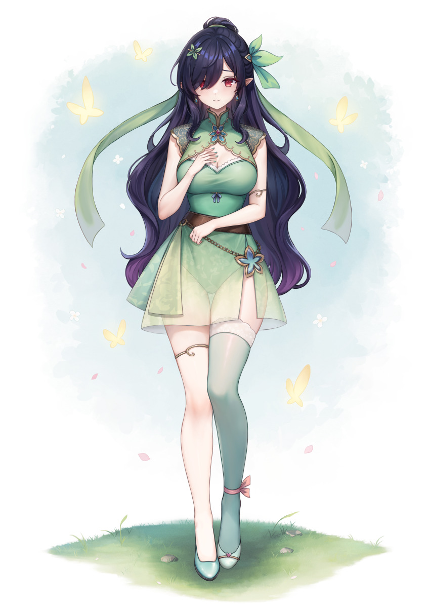 1girl, absurdres, alternate_costume, ankle_ribbon, bare_arms, belt, blue_sky, brown_belt