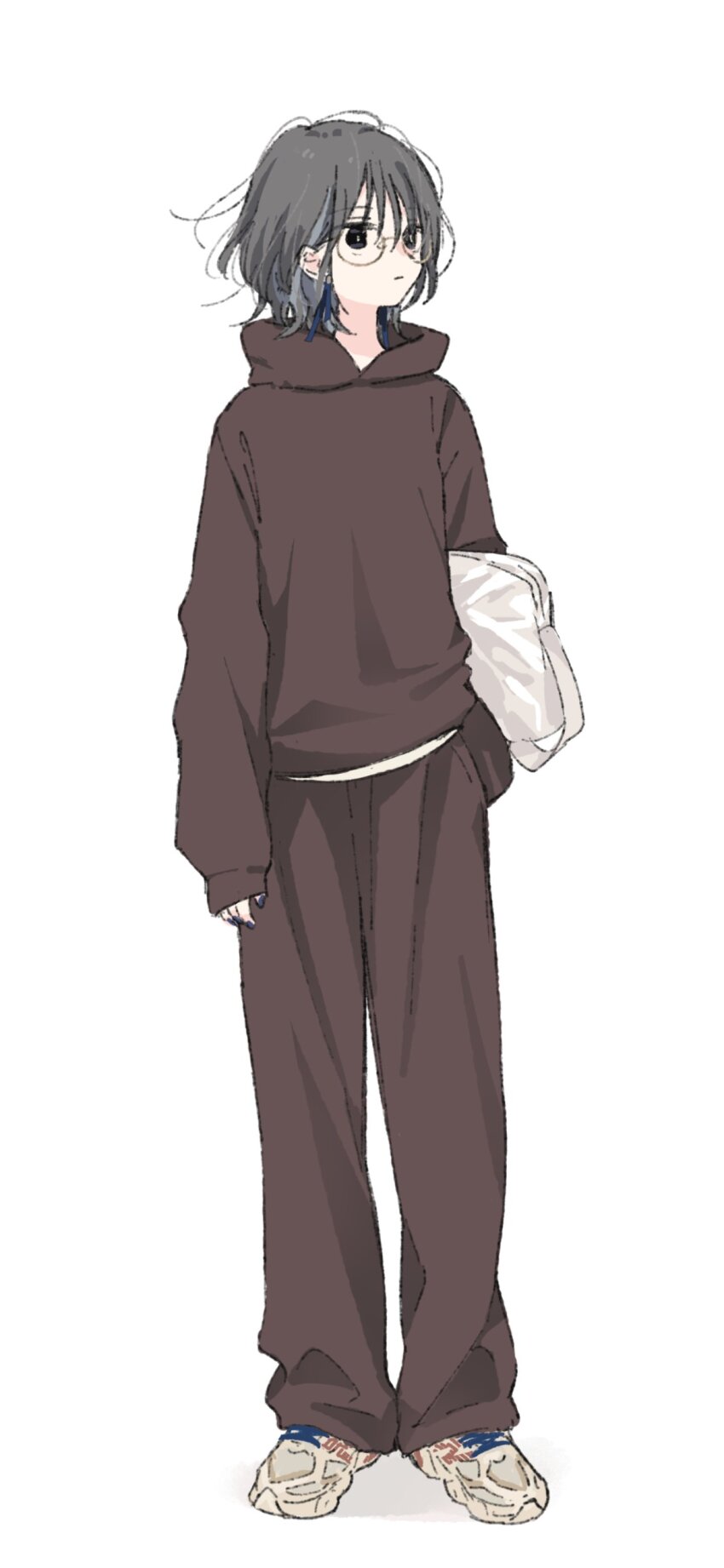 1girl, absurdres, bag, black_eyes, black_hair, blue_nails, brown_hoodie, commentary