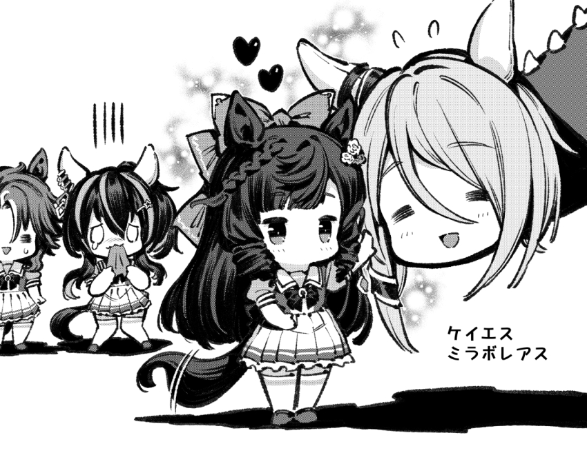 4girls, =_=, animal_ear_piercing, animal_ears, asymmetrical_bangs, bacius, blunt_bangs, bow