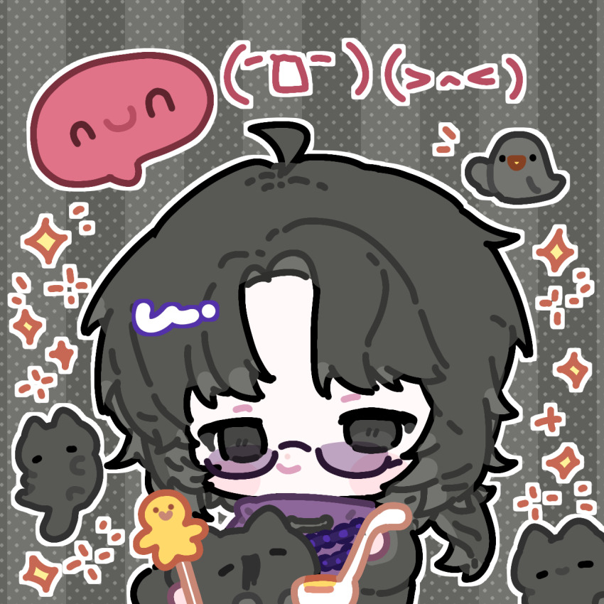 1boy, ahoge, bird, black_eyes, black_hair, black_jacket, blush_stickers, cat