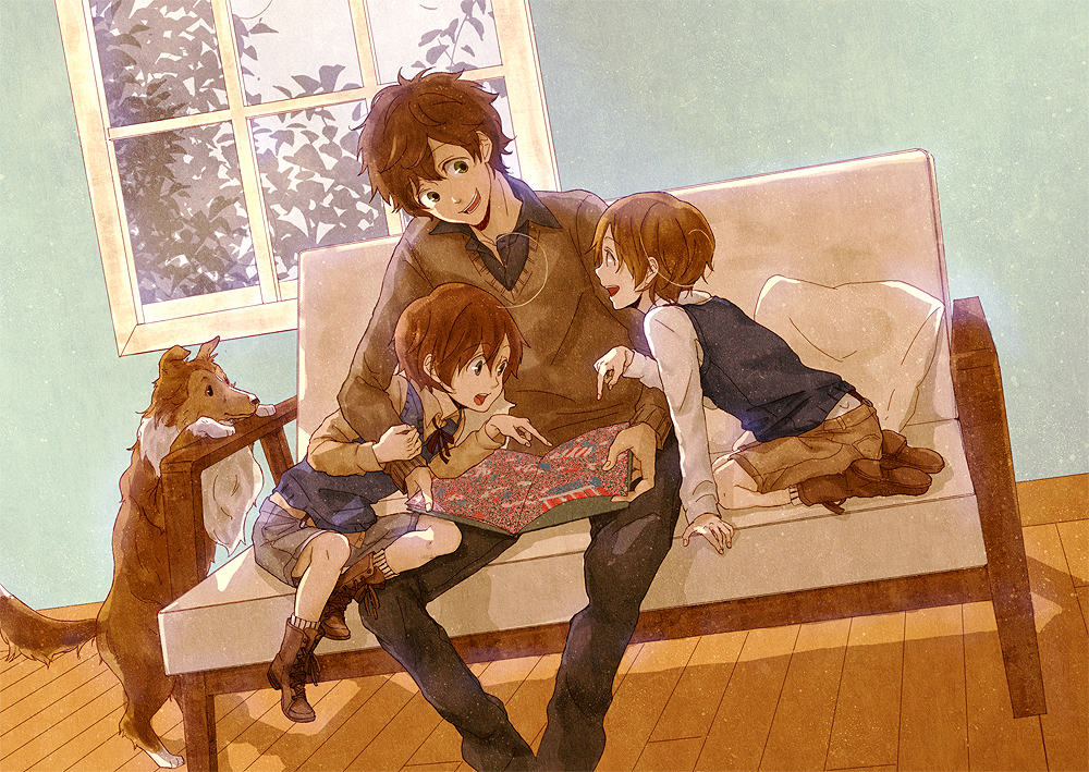 3boys, ahoge, axis_powers_hetalia, black_shirt, blouse, boots, brothers, child, collared_shirt, couch, dog, dutch_angle, hakase123, head_tilt, indoors, lace-up_boots, leaning_on_person, male_focus, multiple_boys, northern_italy_(hetalia), shirt, siblings, sitting, socks, southern_italy_(hetalia), spain_(hetalia), where's_wally, white_legwear, white_shirt, wooden_floor, yellow_shirt