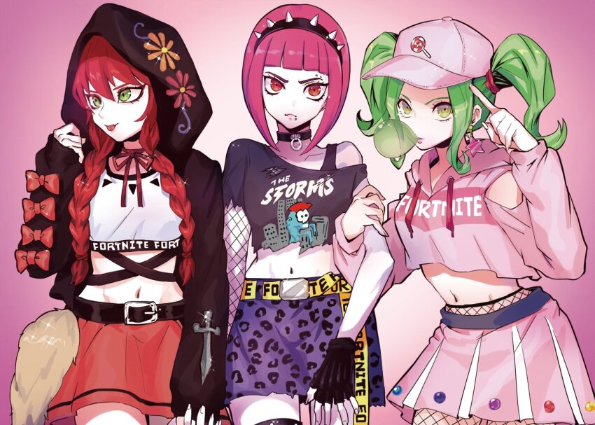 3girls, bare_shoulders, bob_cut, braid, chewing_gum, earrings, fable_(fortnite), fishnet_pantyhose