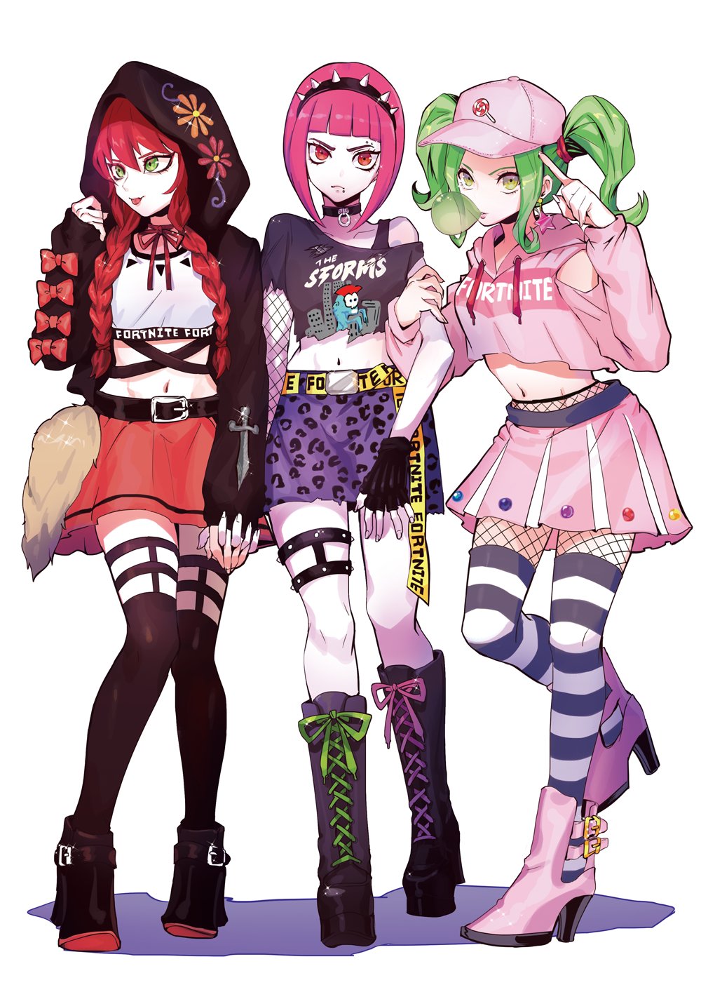 3girls, bare_shoulders, bob_cut, braid, chewing_gum, earrings, fable_(fortnite), fishnet_pantyhose