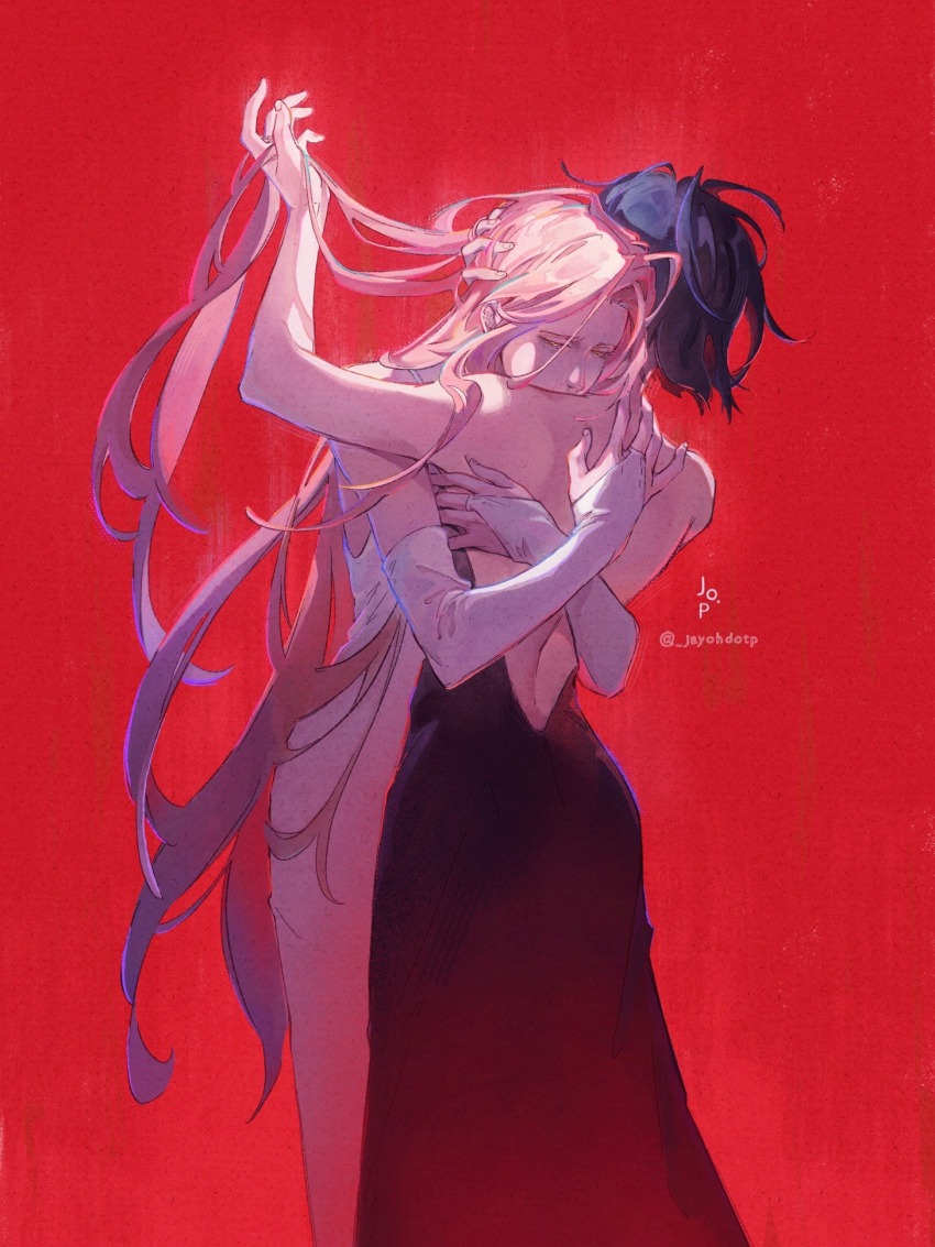 2girls, alien_stage, artist_logo, artist_name, back, backless_dress, backless_outfit, black_dress, black_hair, blue_hair, bridal_gauntlets, closed_eyes, commentary, dress, english_commentary, feet_out_of_frame, gloves, gradient_hair, hand_in_another's_hair, hand_on_another's_head, hands_on_another's_back, highres, hug, jayohdotp, logo, long_dress, long_hair, mizi_(alien_stage), multicolored_hair, multiple_girls, pink_hair, red_background, short_hair, simple_background, sua_(alien_stage), two-tone_hair, very_long_hair, white_dress, white_gloves