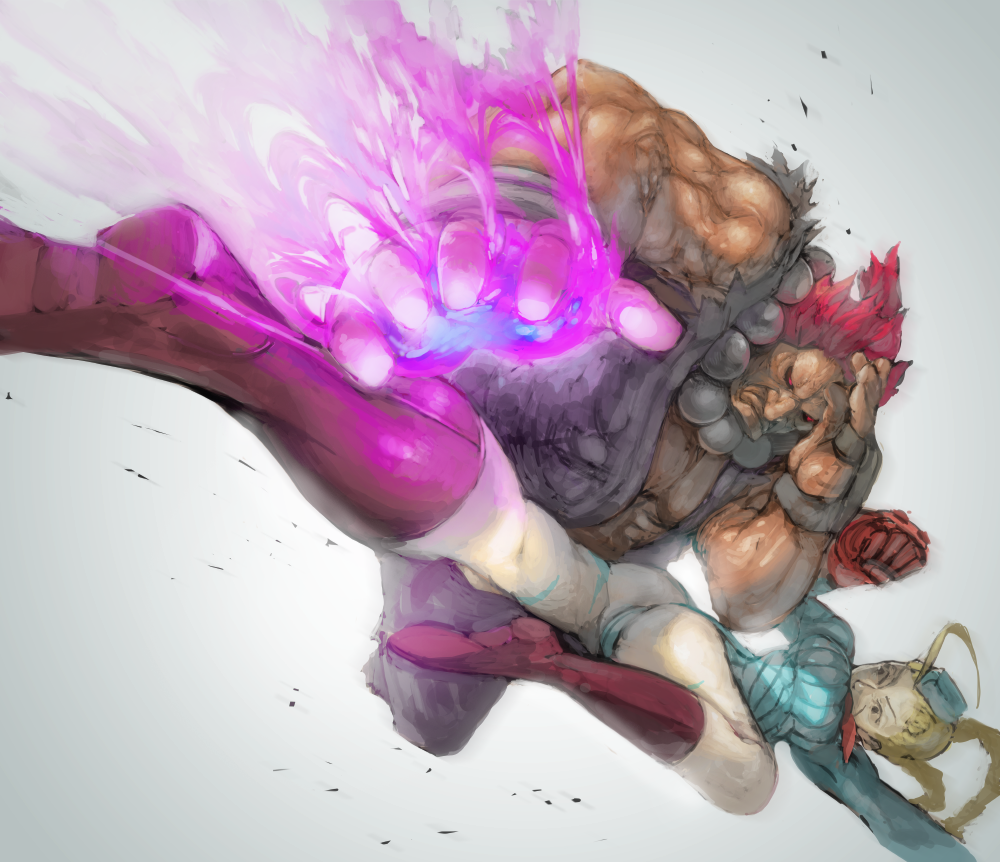1990s_(style), 1boy, 1girl, akuma_(street_fighter), ass, battle, blonde_hair, blue_leotard, boots, cammy_white, capcom, foreshortening, glowing, glowing_hand, hat, leotard, red_hair, retro_artstyle, simple_background, sleeved_leotard, street_fighter, street_fighter_zero_(series), totoya_yuu, twintails