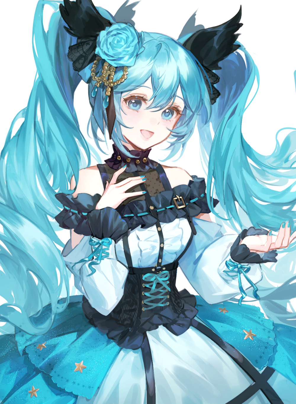 1girl, :d, bare_shoulders, blue_eyes, blue_flower, blue_hair, blue_nails, blue_rose