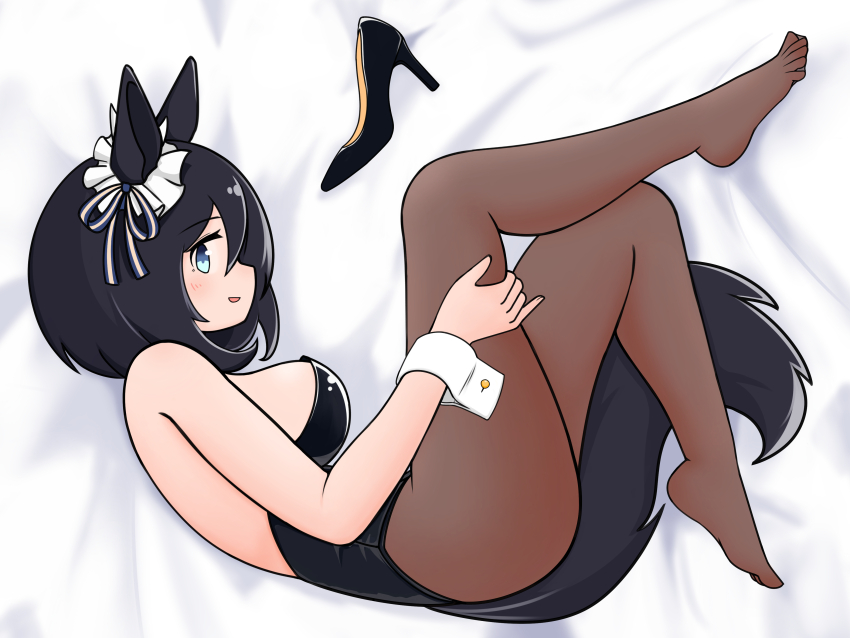 1girl, absurdres, alternate_costume, animal_ears, black_hair, black_leotard, black_pantyhose, breasts