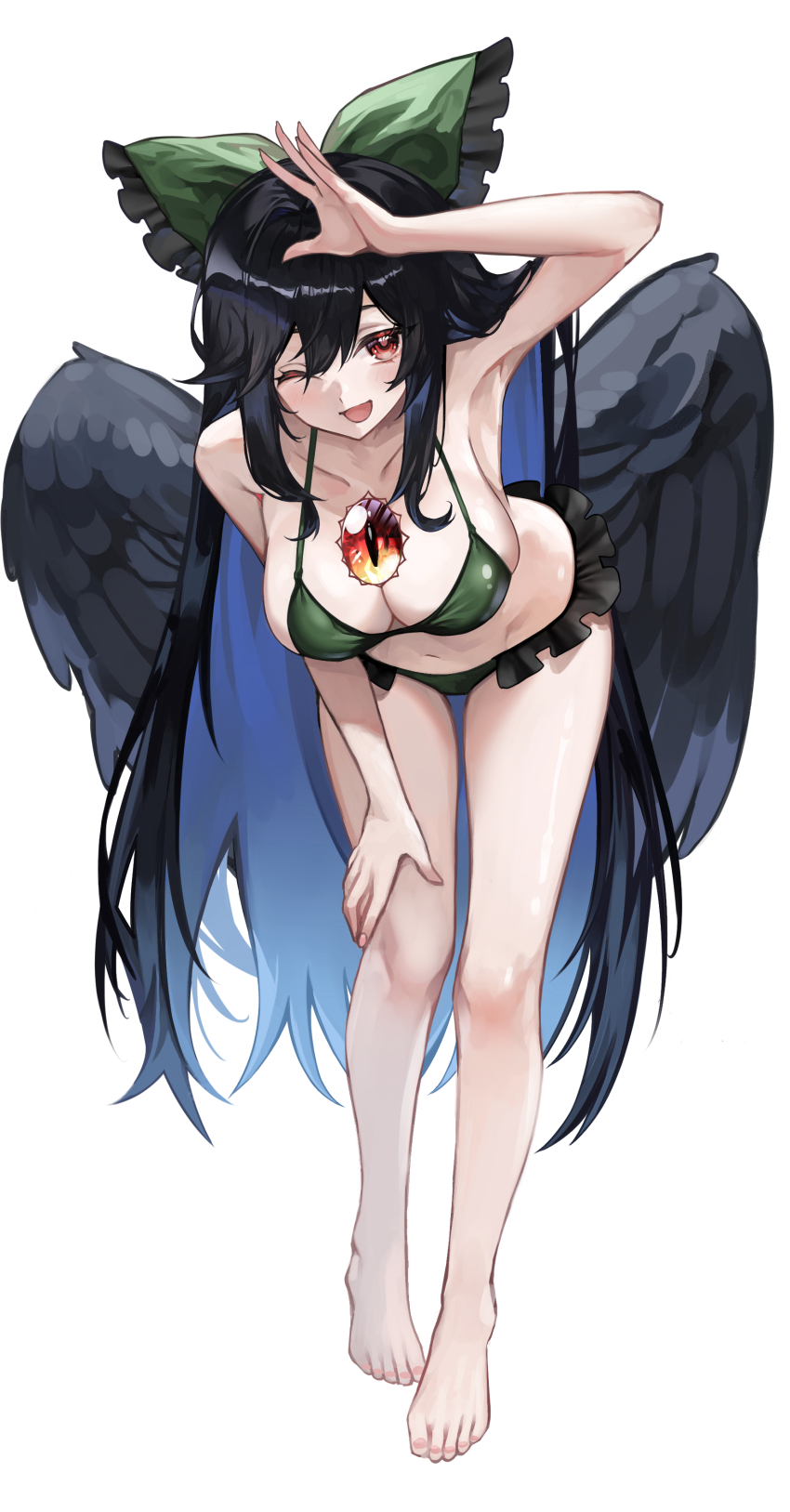 1girl, absurdres, alternate_costume, arm_up, barefoot, bent_over, bikini, bird_wings