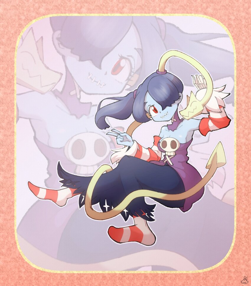 1563ichikorosan, 1girl, blue_hair, blue_skin, border, closed_eyes, colored_skin, detached_collar