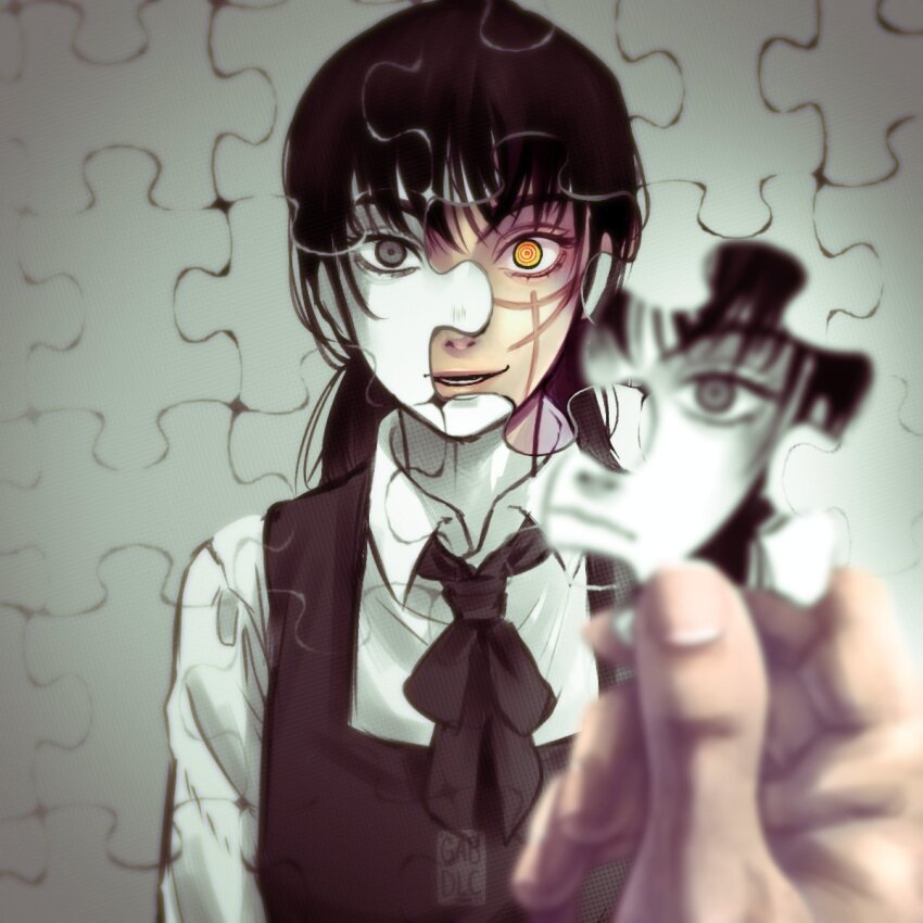 1girl, 1other, black_dress, black_hair, black_ribbon, blurry, blurry_foreground, chainsaw_man, dress, fourth_east_high_school_uniform, gabdlc, highres, jigsaw_puzzle, long_hair, long_sleeves, mitaka_asa, puzzle, puzzle_piece, ribbon, ringed_eyes, scar, scar_on_face, school_uniform, shirt, white_shirt, yellow_eyes, yoru_(chainsaw_man)