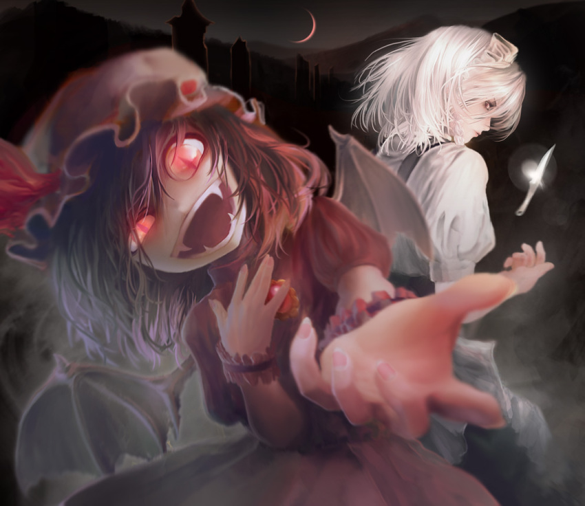 2girls, azzie, bad_id, bad_pixiv_id, bat_wings, beckoning, blue_eyes, braid, crazy, crazy_eyes, creepy, crescent_moon, fangs, female_focus, fingernails, foreshortening, ganmen2525, glaring, glowing, glowing_eyes, hand_on_own_chest, hat, head_tilt, horror_(theme), izayoi_sakuya, knife, looking_at_viewer, maid, maid_headdress, moon, multiple_girls, night, open_mouth, outstretched_arm, purple_hair, rape_face, red_eyes, red_moon, remilia_scarlet, short_hair, slit_pupils, throwing_knife, touhou, twin_braids, uneven_eyes, weapon, white_hair, wings, wrist_cuffs