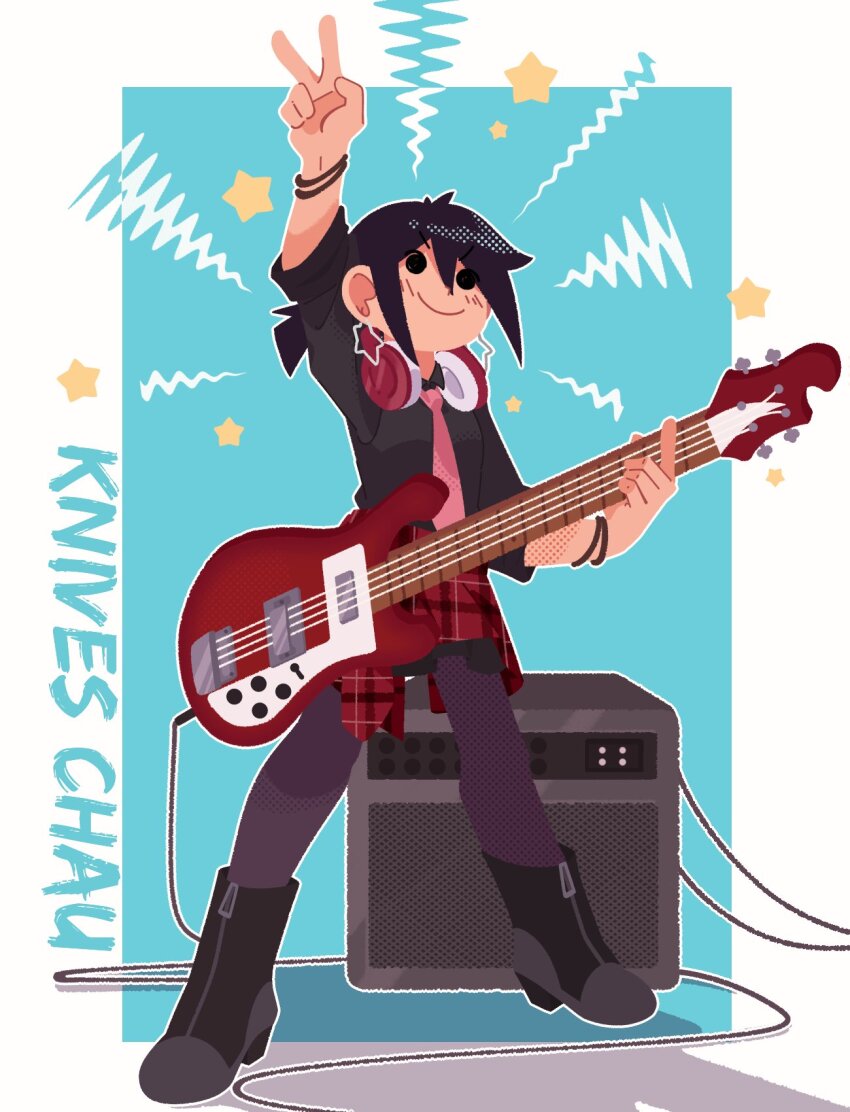 1girl, black_eyes, black_hair, black_jacket, boots, character_name, earrings, electric_guitar, full_body, guitar, hair_between_eyes, hand_up, headphones, headphones_around_neck, highres, holding, holding_guitar, holding_instrument, instrument, jacket, jewelry, knives_chau, light_blush, open_clothes, open_jacket, pantyhose, paper_koi_fish, pink_shirt, plaid_clothes, plaid_skirt, ponytail, scott_pilgrim_(series), scott_pilgrim_takes_off, shirt, short_hair, short_ponytail, skirt, smile, standing, star_(symbol), star_earrings, v