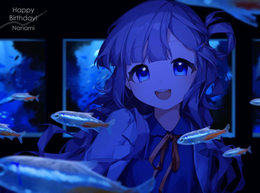 039nagyo, 1girl, absurdres, alternate_costume, aquarium, asari_nanami, blue_eyes, blue_hair, blurry, blurry_background, casual, character_name, commentary_request, fish, hair_ornament, hairclip, happy_birthday, highres, idolmaster, idolmaster_cinderella_girls, looking_at_viewer, portrait, solo, teeth, upper_teeth_only