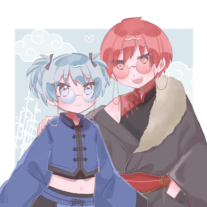 2boys, :d, akabane_karma, ansatsu_kyoushitsu, bamboo, black_bow, black_kimono, black_shirt, black_trim, blue-tinted_eyewear, blue_background, blue_eyes, blue_hair, blue_jacket, border, bow, button_knot, chain, chinese_clothes, closed_mouth, cowboy_shot, cropped_jacket, eyewear_strap, fangs, fur_collar, glasses, hair_between_eyes, hair_bow, hand_in_pocket, heart, highres, jacket, japanese_clothes, kimono, long_sleeves, looking_at_another, male_focus, mandarin_collar, midriff, multiple_boys, navel, obi, obijime, official_alternate_costume, onigiri_o02, open_mouth, outside_border, pankou, red-tinted_eyewear, red_hair, round_eyewear, sash, shiota_nagisa, shirt, short_hair, short_twintails, single_off_shoulder, sleeveless, sleeveless_shirt, smile, tangzhuang, teeth, tinted_eyewear, toggles, twintails, upper_teeth_only, white_border, wide_sleeves, xiangyun, yellow_eyes